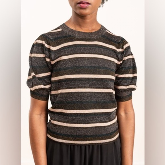 ULLA JOHNSON Albi Top in Charcoal Metallic Striped Puff Sleeve Size Small - Picture 1 of 11